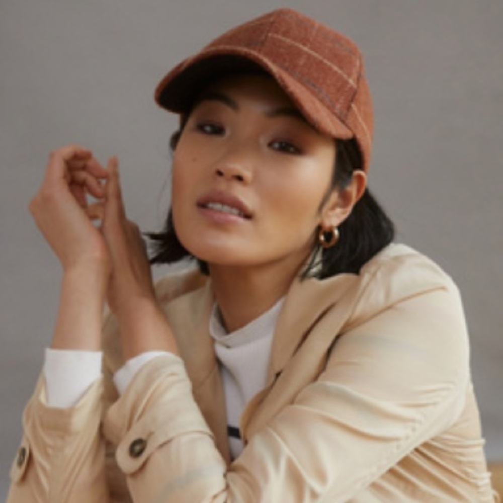 Anthropologie Brown Plaid Baseball Cap